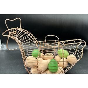Copper Tin Wire Chicken Hen Egg Collecting Gathering Basket And 20 Bisque Eggs